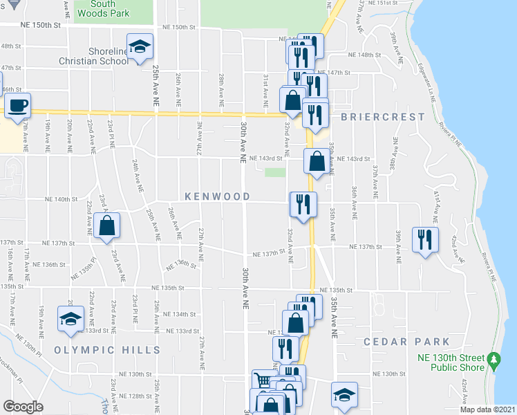 map of restaurants, bars, coffee shops, grocery stores, and more near 3029 Northeast 140th Street in Seattle