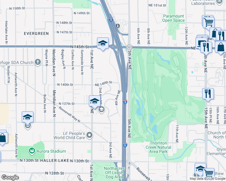 map of restaurants, bars, coffee shops, grocery stores, and more near 13925 Par Place Northeast in Seattle