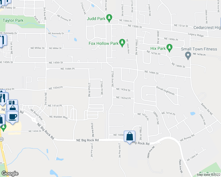 map of restaurants, bars, coffee shops, grocery stores, and more near 14303 275th Avenue Northeast in Duvall