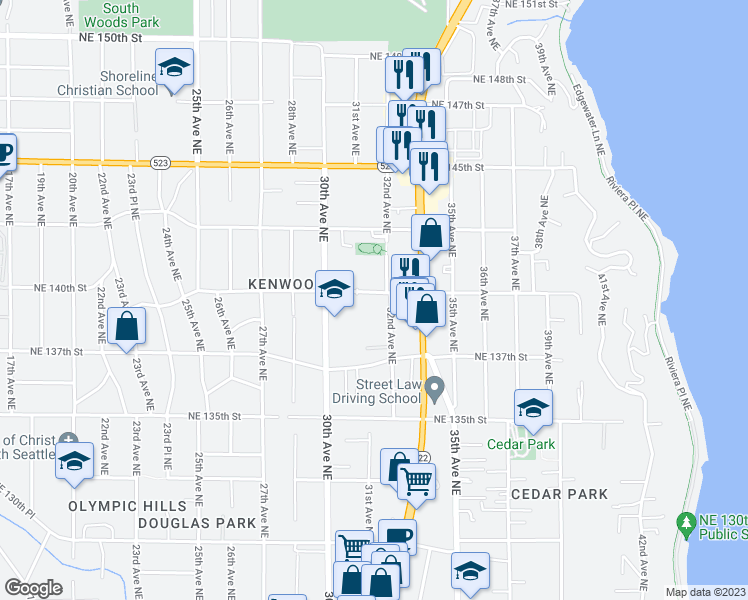 map of restaurants, bars, coffee shops, grocery stores, and more near 3043 Northeast 140th Street in Seattle