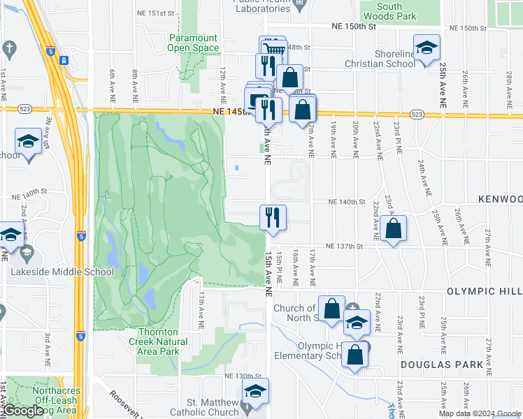 map of restaurants, bars, coffee shops, grocery stores, and more near 13745 15th Avenue Northeast in Seattle