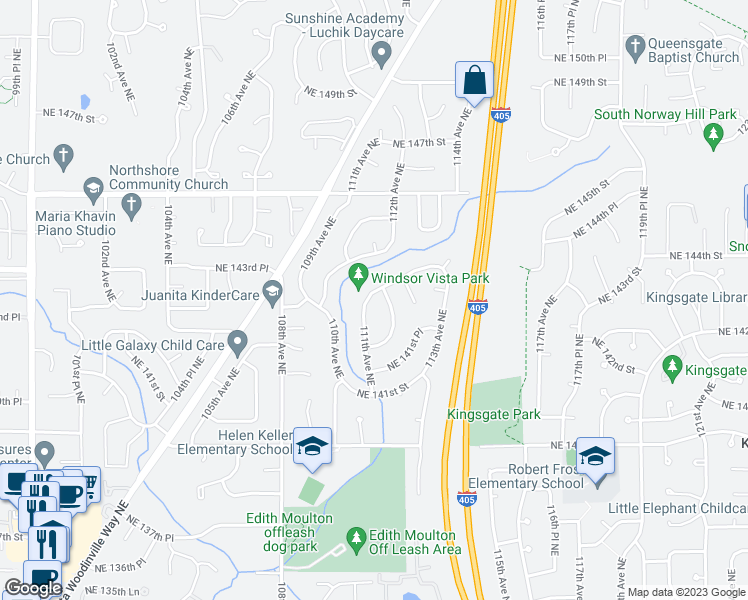 map of restaurants, bars, coffee shops, grocery stores, and more near 14258 111th Avenue Northeast in Kirkland