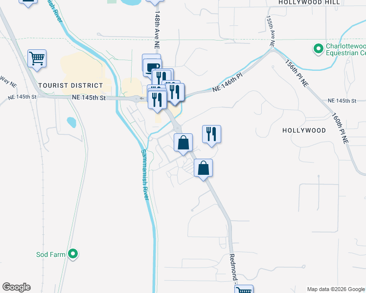 map of restaurants, bars, coffee shops, grocery stores, and more near 14289-14343 Woodinville Redmond Rd NE in Redmond