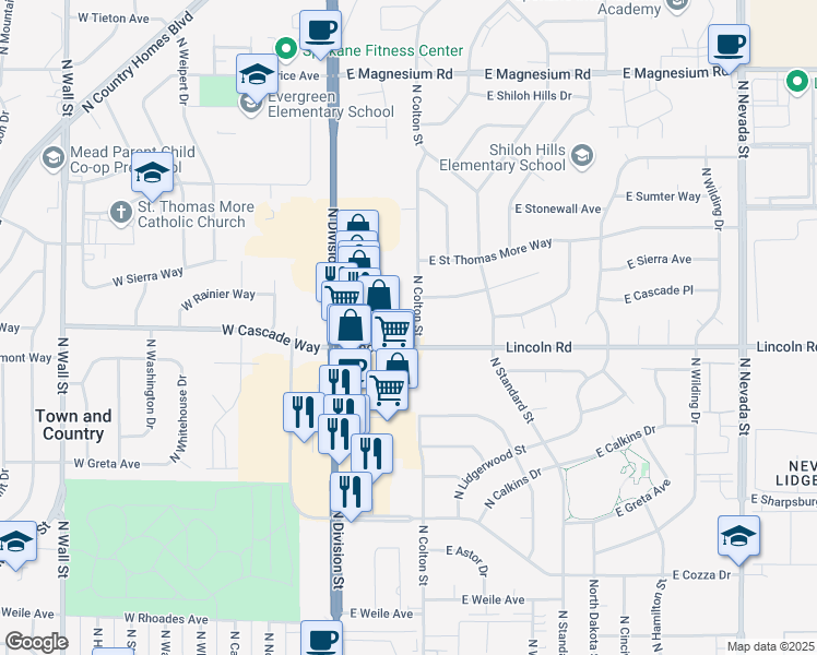 map of restaurants, bars, coffee shops, grocery stores, and more near 7923 North Colton Street in Spokane