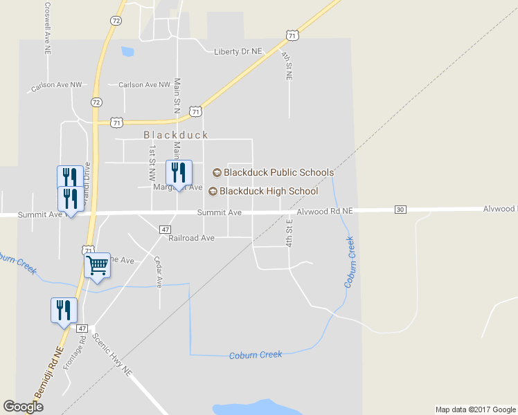 map of restaurants, bars, coffee shops, grocery stores, and more near 316 Summit Avenue in Blackduck