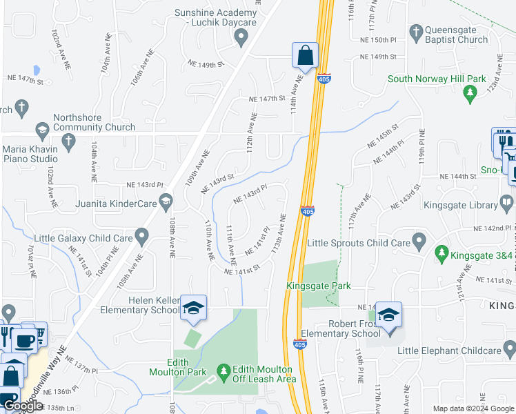 map of restaurants, bars, coffee shops, grocery stores, and more near 14249 112th Place Northeast in Kirkland