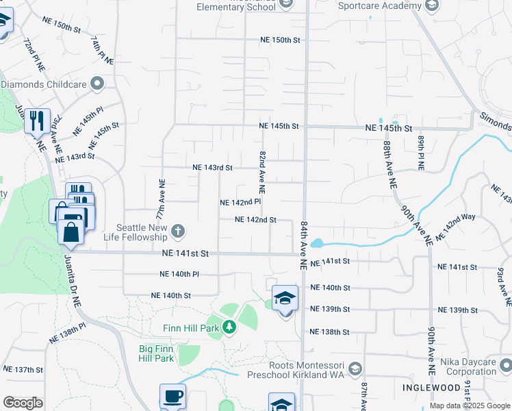 map of restaurants, bars, coffee shops, grocery stores, and more near 8125 Northeast 142nd Place in Kirkland