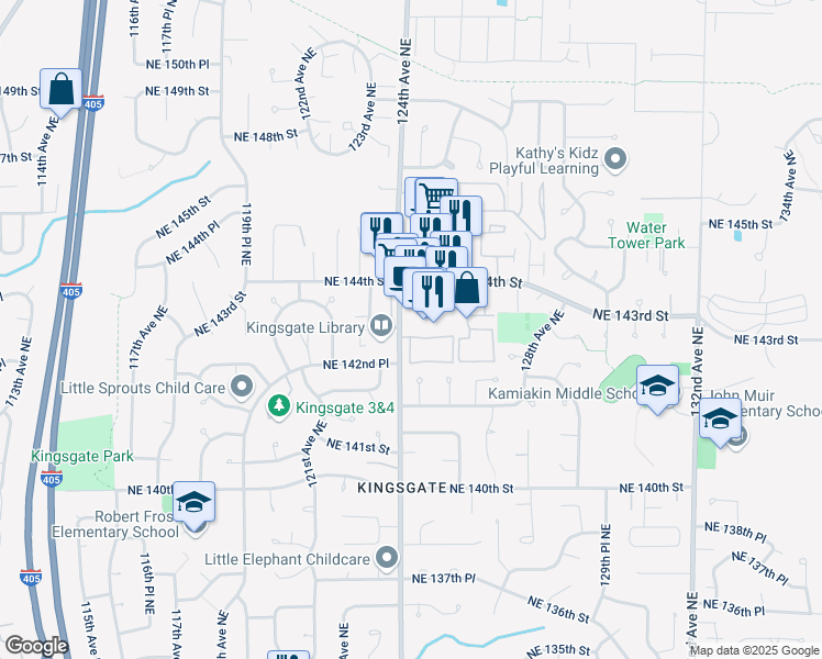 map of restaurants, bars, coffee shops, grocery stores, and more near 14300 Northeast 143rd Street in Kirkland