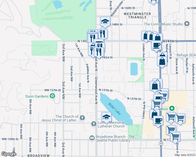 map of restaurants, bars, coffee shops, grocery stores, and more near 13808 Greenwood Avenue North in Seattle