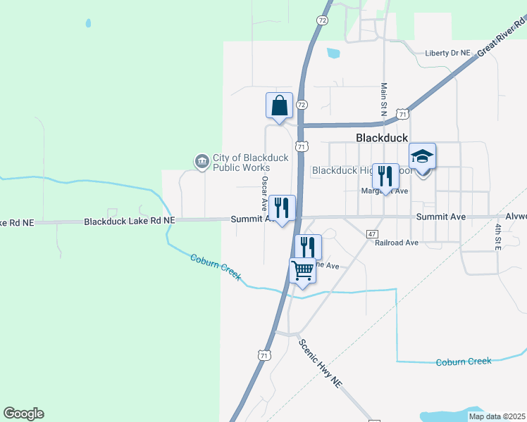 map of restaurants, bars, coffee shops, grocery stores, and more near 240 Summit Avenue West in Blackduck