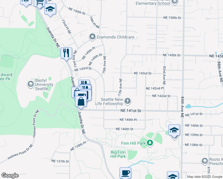 map of restaurants, bars, coffee shops, grocery stores, and more near 14205 76th Place Northeast in Kirkland