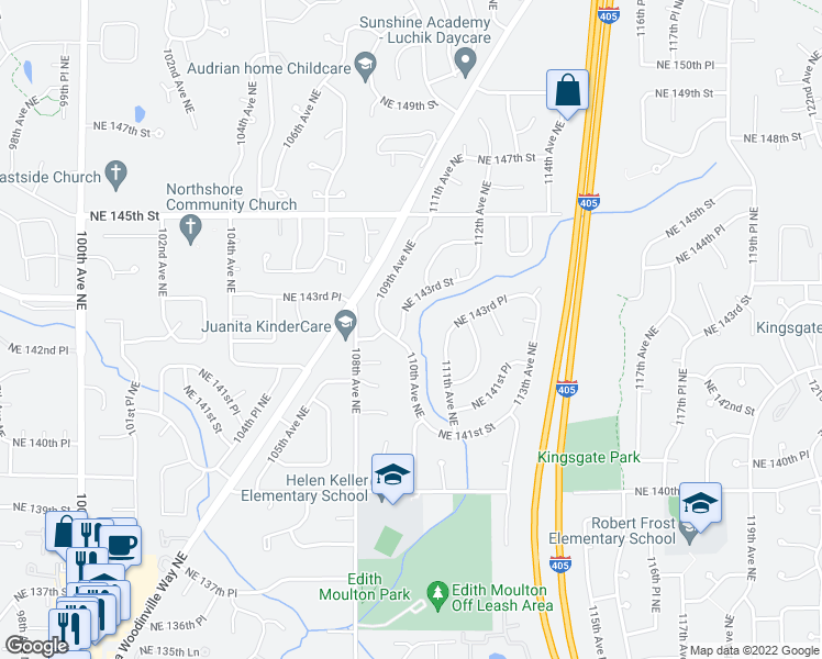 map of restaurants, bars, coffee shops, grocery stores, and more near 14236 110th Avenue Northeast in Kirkland