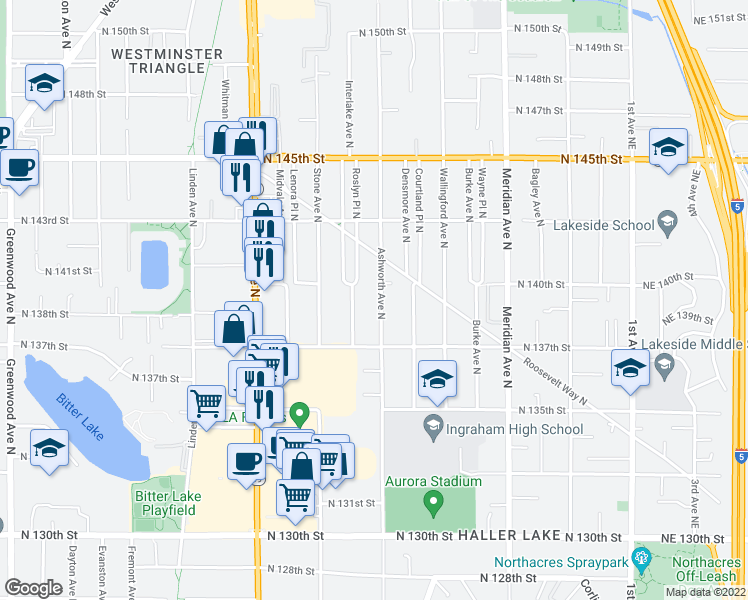 map of restaurants, bars, coffee shops, grocery stores, and more near 13747 Ashworth Avenue North in Seattle