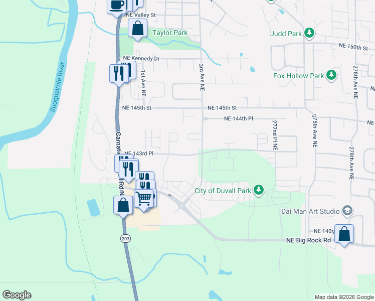 map of restaurants, bars, coffee shops, grocery stores, and more near 26636 Northeast 143rd Place in Duvall