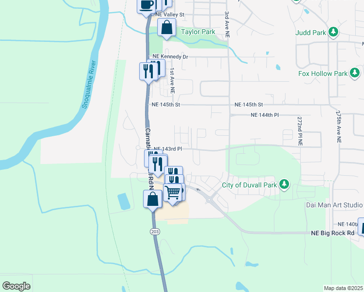 map of restaurants, bars, coffee shops, grocery stores, and more near 26510 Northeast 143rd Place in Duvall