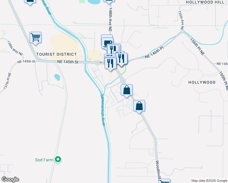 map of restaurants, bars, coffee shops, grocery stores, and more near 14802 Northeast 149th Street in Woodinville