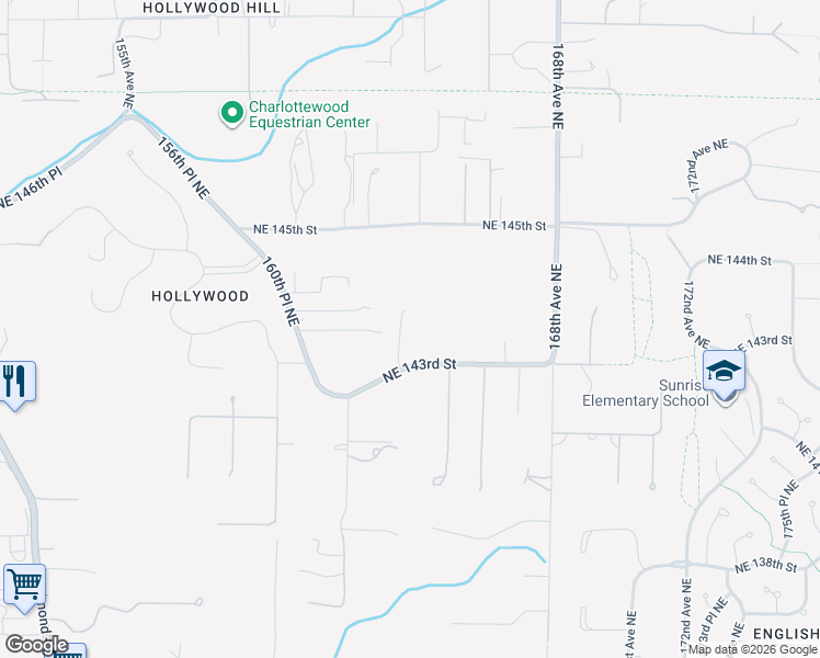 map of restaurants, bars, coffee shops, grocery stores, and more near 16246 Northeast 143rd Street in Woodinville