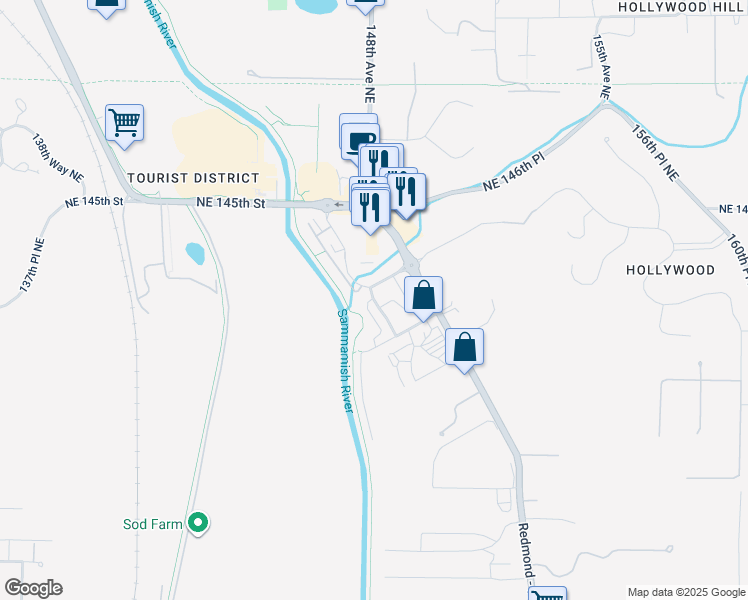 map of restaurants, bars, coffee shops, grocery stores, and more near 148th Place Northeast in Woodinville