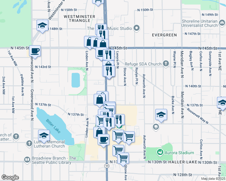 map of restaurants, bars, coffee shops, grocery stores, and more near 13744 Aurora Avenue North in Seattle