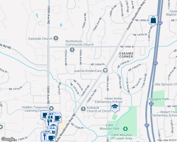map of restaurants, bars, coffee shops, grocery stores, and more near 14213 105th Avenue Northeast in Kirkland