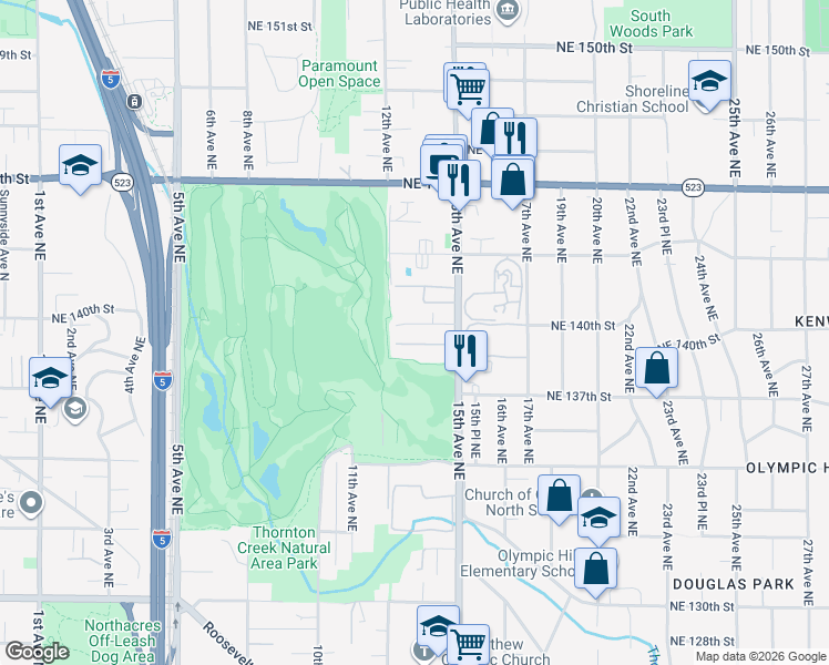 map of restaurants, bars, coffee shops, grocery stores, and more near 1221 Northeast 140th Street in Seattle