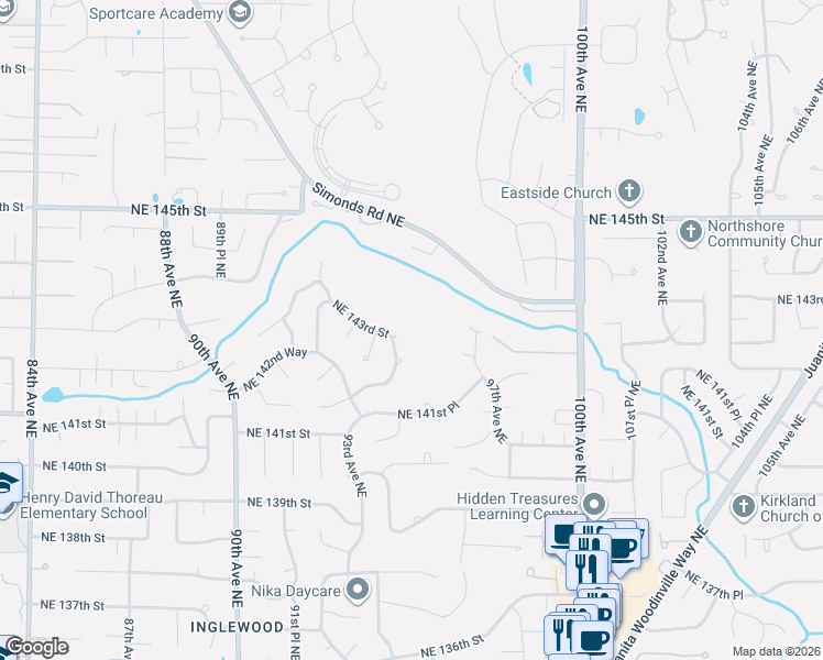 map of restaurants, bars, coffee shops, grocery stores, and more near 14236 95th Avenue Northeast in Kirkland