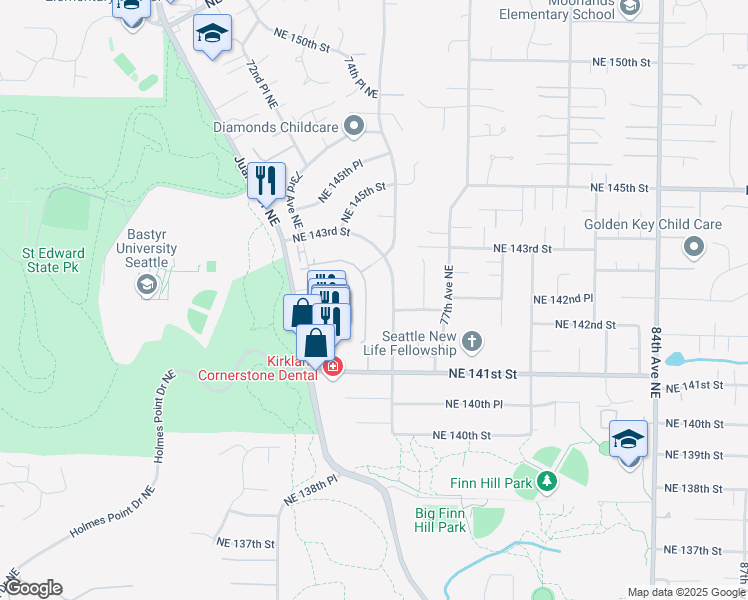 map of restaurants, bars, coffee shops, grocery stores, and more near 14201 75th Avenue Northeast in Kirkland
