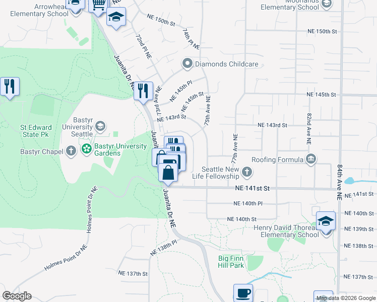 map of restaurants, bars, coffee shops, grocery stores, and more near 14142 73rd Place Northeast in Kirkland