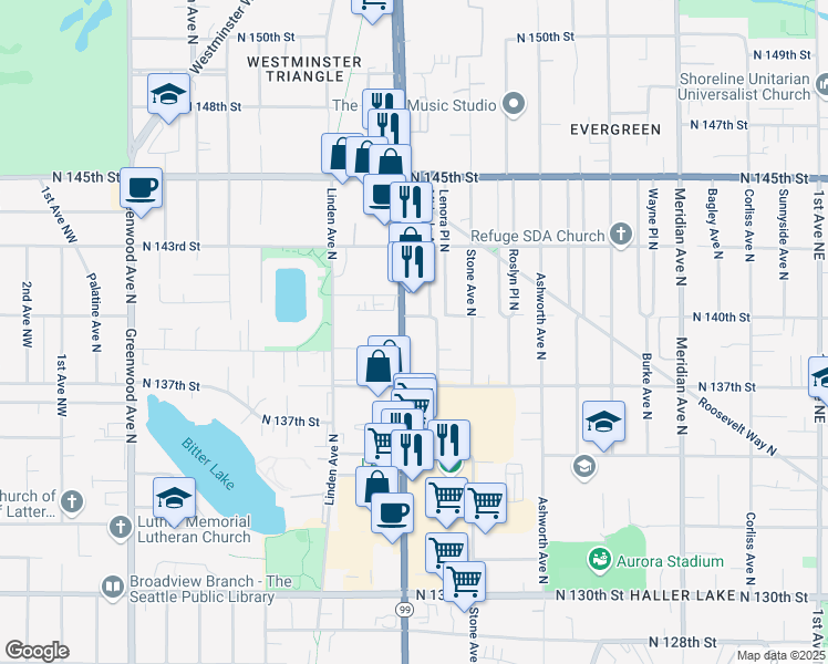 map of restaurants, bars, coffee shops, grocery stores, and more near 13744 Aurora Avenue North in Seattle