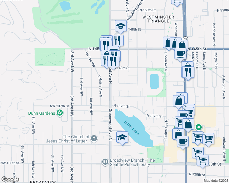 map of restaurants, bars, coffee shops, grocery stores, and more near 13808 Greenwood Avenue North in Seattle