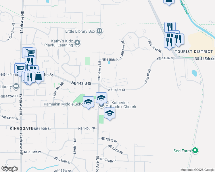 map of restaurants, bars, coffee shops, grocery stores, and more near 13251 Northeast 143rd Court in Woodinville
