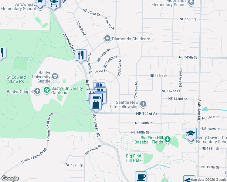map of restaurants, bars, coffee shops, grocery stores, and more near 14148 74th Place Northeast in Kirkland