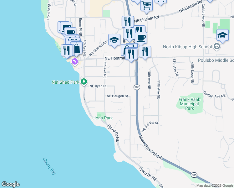 map of restaurants, bars, coffee shops, grocery stores, and more near 18420 Torgeson Avenue Northeast in Poulsbo