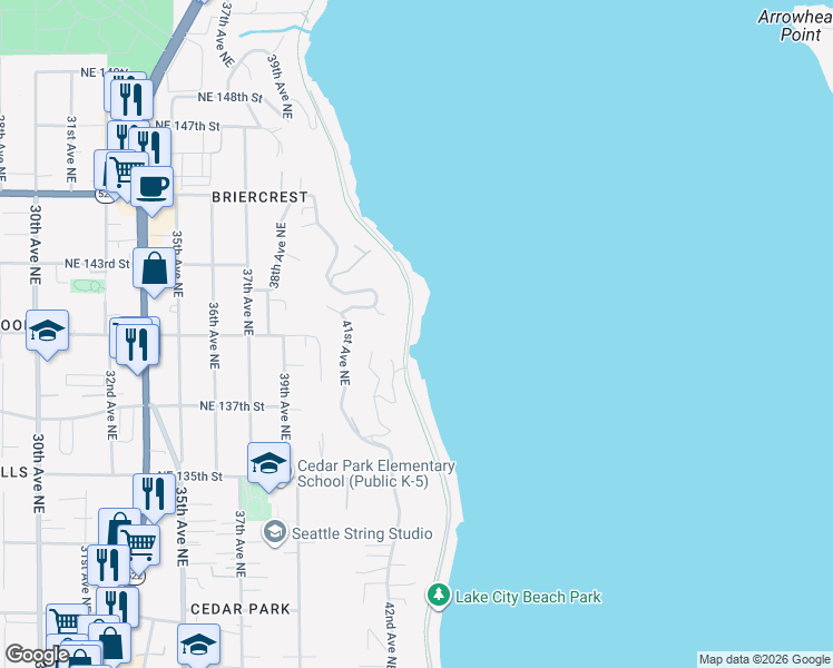 map of restaurants, bars, coffee shops, grocery stores, and more near 14004 Riviera Place Northeast in Seattle