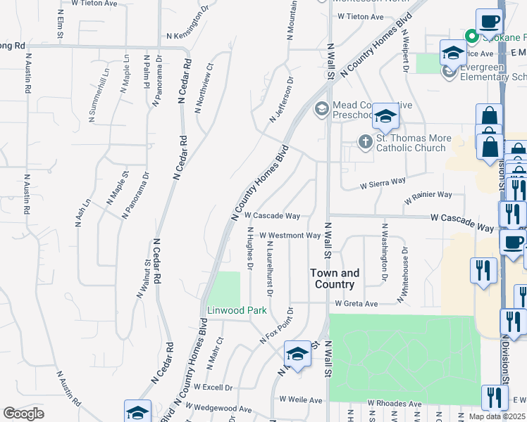 map of restaurants, bars, coffee shops, grocery stores, and more near 7918 North Hughes Drive in Spokane