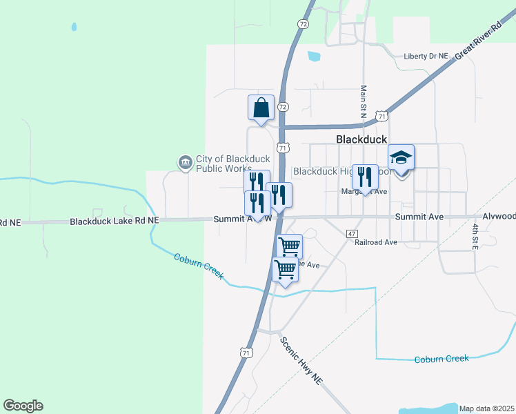 map of restaurants, bars, coffee shops, grocery stores, and more near 240 Summit Avenue West in Blackduck