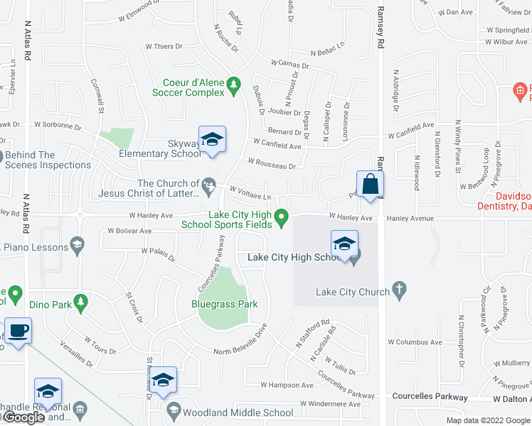 map of restaurants, bars, coffee shops, grocery stores, and more near 305 North Regency Court in Coeur d'Alene