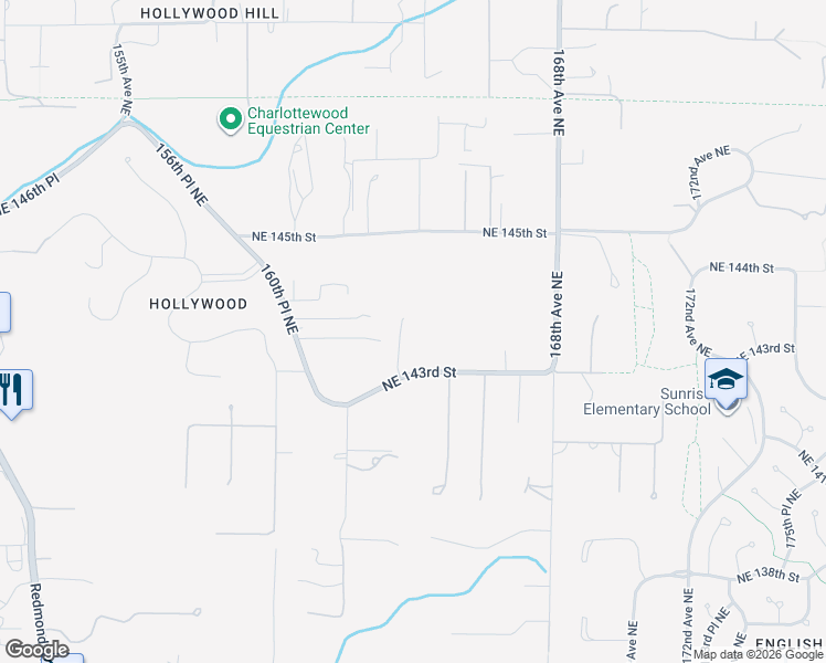 map of restaurants, bars, coffee shops, grocery stores, and more near 16246 Northeast 143rd Street in Woodinville