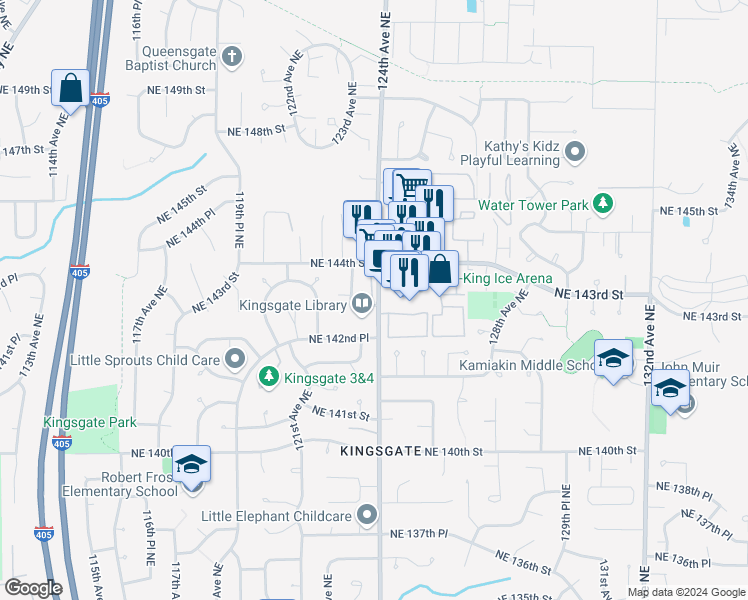 map of restaurants, bars, coffee shops, grocery stores, and more near 12315 Northeast 143rd Street in Kirkland