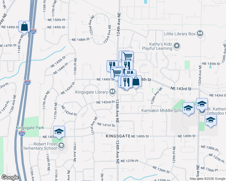 map of restaurants, bars, coffee shops, grocery stores, and more near 12315 Northeast 143rd Street in Kirkland