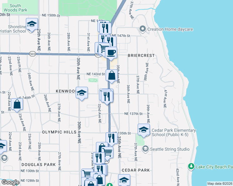 map of restaurants, bars, coffee shops, grocery stores, and more near 13758 Lake City Way Northeast in Seattle