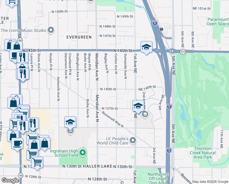 map of restaurants, bars, coffee shops, grocery stores, and more near 2135 North 140th Street in Seattle