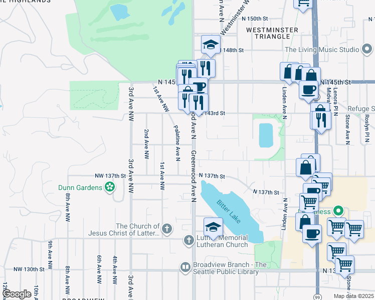 map of restaurants, bars, coffee shops, grocery stores, and more near 13742 Palatine Avenue North in Seattle