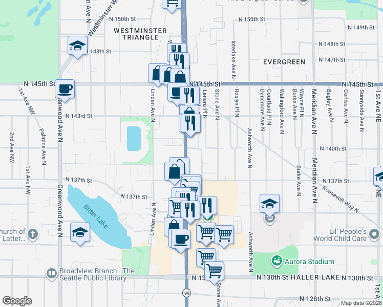 map of restaurants, bars, coffee shops, grocery stores, and more near 13754 Aurora Avenue North in Seattle