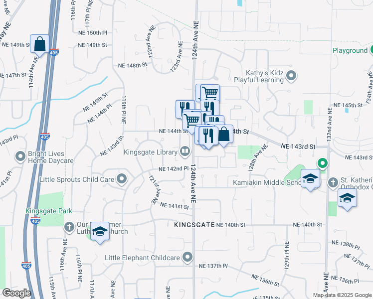map of restaurants, bars, coffee shops, grocery stores, and more near 14311 124th Avenue Northeast in Kirkland