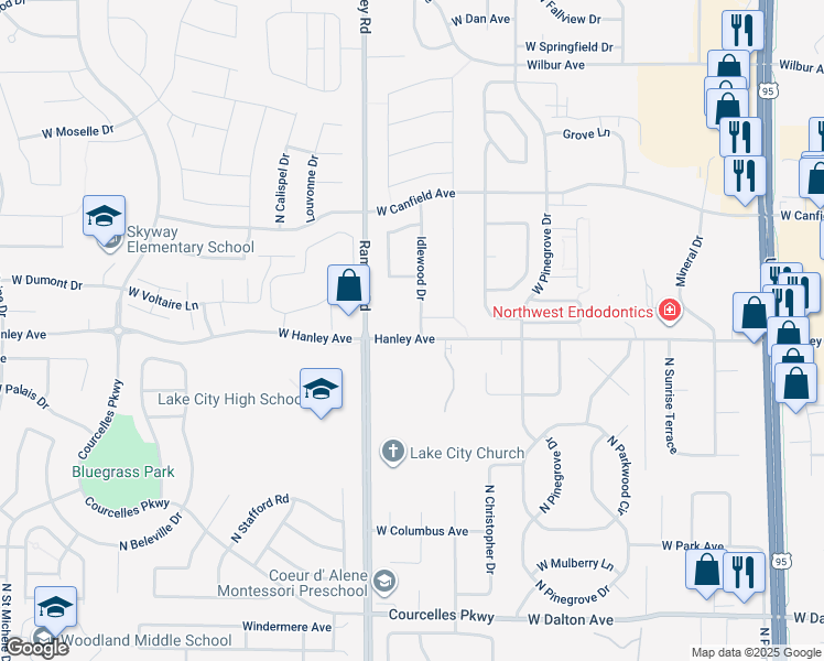 map of restaurants, bars, coffee shops, grocery stores, and more near 6433 North Idlewood Drive in Coeur d'Alene