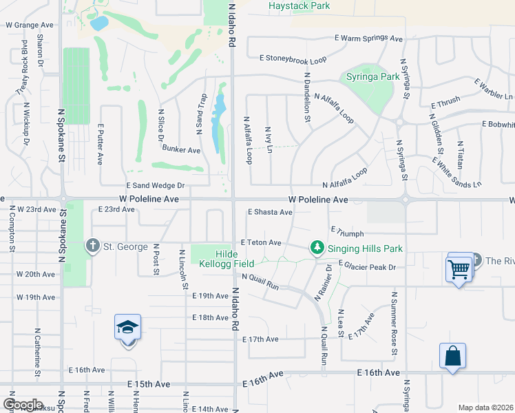 map of restaurants, bars, coffee shops, grocery stores, and more near 901 Shasta Avenue in Post Falls