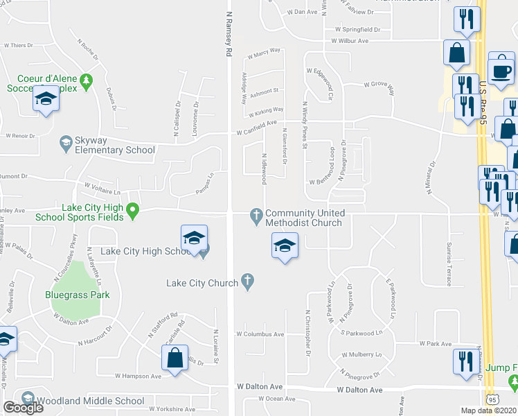 map of restaurants, bars, coffee shops, grocery stores, and more near 6433 North Idlewood Drive in Coeur d'Alene