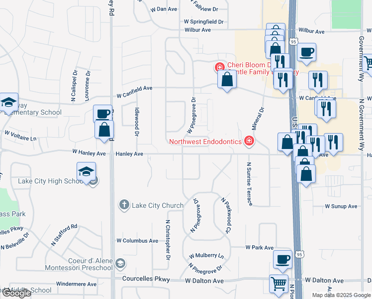 map of restaurants, bars, coffee shops, grocery stores, and more near 849 West Willow Lake Loop in Coeur d'Alene
