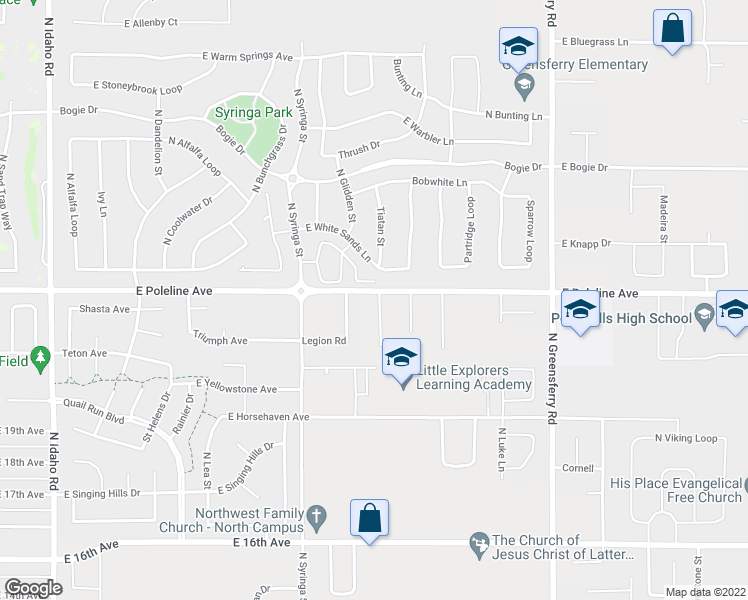 map of restaurants, bars, coffee shops, grocery stores, and more near 2395 North Baldy Way in Post Falls